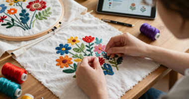 embroidered flowers bloom from botanical-dyed threads and digital algorithms